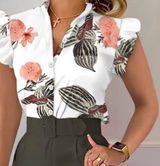 Pink Cap Sleeve Blouse with Ruffled Notched Collar Size L Photo 0