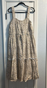 Cactus +‎ Pearl Midi Dress Womens Large Tan Zebra Linen Blend Tiered Boho Trim Photo 0