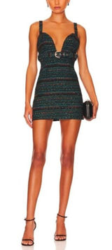 NWT Lovers and Friends Luz Tweed Mini Dress XS Black Blue Multi Belted Revolve Photo 0