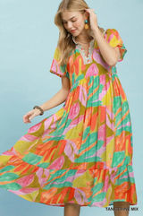 Umgee Abstract Tropical Print Tiered Midi Dress - Tangerine Mix - Small Photo 0
