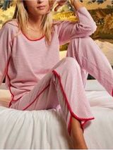 Lake Womens Red Striped Sleep Top 3/4 Sleeve Lounge Pima Cotton Classic Prep Photo 0