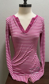 l.e.i. Vintage Long Sleeved Henley Pink Striped Y2K Shirt L Photo 0