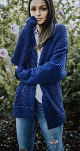Free People High Hopes Chunky Knit Open‎ Front Cardigan in Blue Combo Size Large Photo 0