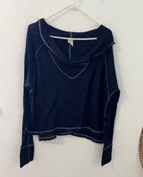 we the free blue waffle light weight wildcat cowl long sleeve cropped top Photo 0