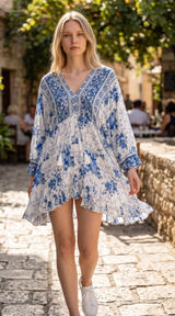Lulus Blue and White Floral Toile Print Ruffled Mini Dress Large NWT Boho V-Neck Photo 0