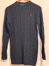 Polo Ralph Lauren Black Cable Knit Crewneck Sweater Red Pony NWT Small Photo 0