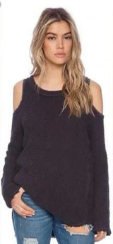 FREE PEOPLE Sunrise Cold Shoulder Waffle Knit Pullover‎ Sweater Black Gray Raw M Photo 0