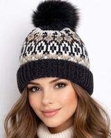 Free People Chalet Fairisle Pom Beanie Hat Black/Gold Metallic Combo One Size Photo 0