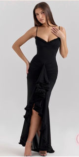 HOUSE OF CB 'Gabbi' Black Mesh Ruffled Front Gown Size XS Photo 0