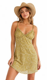 Here Comes The Sun Milkmaid Mini Dress Yellow Floral Ruffle Strap Brunch Size L Photo 0