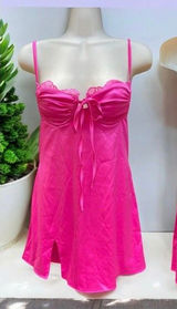 Hot Pink Satin Lace Slip Mini Dress NWT Size Small Ruched Spaghetti Strap Party Photo 0
