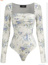 Cider Blue Floral Corset Style Long Sleeve Bodysuit Cream Size M NWT Photo 0