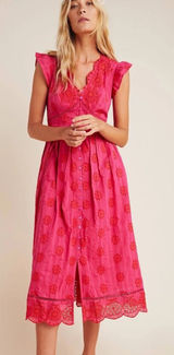 ANTHROPOLOGIE‎ NWT RANNA GIL Tomine Eyelet Midi Dress in Hot Pink size XS Photo 0