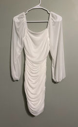 White Ruched Long Sleeve Mini Dress Photo 0
