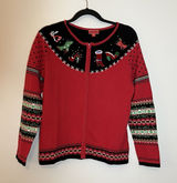 Target Vintage Zip Up‎ Red Ugly Christmas Shoes Bells Cardigan Sweater Size M Photo 0