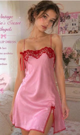 Victoria's Secret Slip Dress Womens S Pink Red Lace Satin Y2K Coquette Mini Photo 0