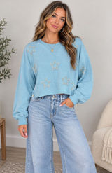 Simply Southern Light Blue Cropped Pearl Star Sweatshirt Photo 0