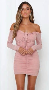 HELLO MOLLY Can I Get A Witness Dress Medium Pink Ruched Lace Up Off Shoulder Photo 0