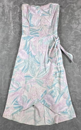 VTG 80s Pastel Strapless Mini Dress 13 Tropical Bird Print Summer Retro Side Tie Photo 0