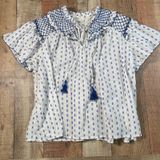 Pilcro Anthropologie Large Blue White Smocked Yoke Tassel Cotton Peasant Blouse Photo 0