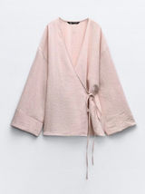 Zara Women Blush Pink Linen Blend Wrap Top Long Sleeve Kimono Style NWOT Medium Photo 0