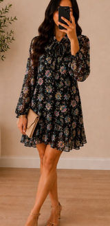 Banana Republic Black Floral Sheer Tie-Neck Ruffle Hem Dress Women’s M Romantic Photo 0