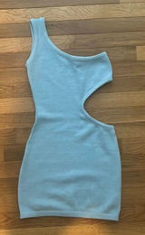 Edikted Sky Blue One Shoulder Cutout Knit Mini Dress | Size Small Photo 0