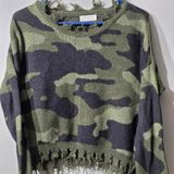 Full Circle Trends Camo Distressed Knit Sweater L‎ Fits S/M Y2K Fringe Crop Photo 0