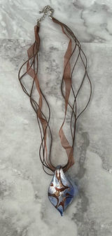 Hand‎ Blown Brown and Blue Glass Pendant Necklace and Brown Ribbon Chain Photo 0