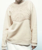 Zara Womens Cream Embroidered Bib Sweatshirt Long Sleeve Crew Neck Small Photo 0
