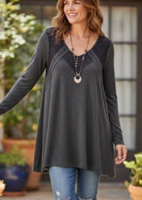 Downeast Love Long Sleeve‎ Rib Knit Top Women's XL Gray Boho Photo 0