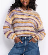 Molly Bracken Womens Striped Chunky Knit Wool Blend Sweater Purple Yellow M Photo 0