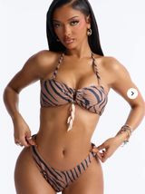Striped Bandeau Bikini Set in Taupe and Black - Women Swim Photo 0