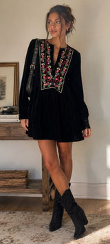 FREE PEOPLE | Black Velvet Tunic/Dress with Colorful Floral Embroidery Photo 0