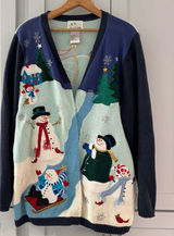 Quacker Factory Snowman Winter Cardigan Sweater‎ Appliqué Beads Colorful Large Photo 0