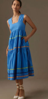 Anthropologie Midi Dress Small Helena Tiered Ric Rac Square Neck Boho Summer Photo 0