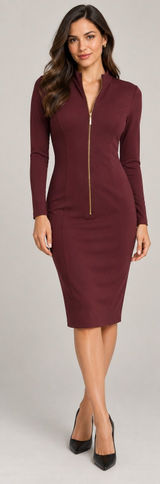 Kensie Burgundy Gold-Zip Long-Sleeve Ponte Midi Dress Photo 0