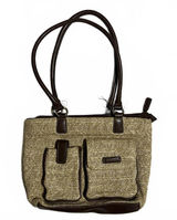 Khaki Canvas Textured Tote Bag with Brown Faux Leather Trim and Front Pockets Photo 0