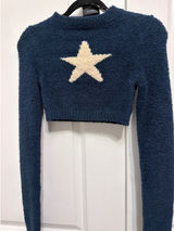 Edikted Navy Blue Fuzzy Star Cropped Sweater Long Sleeve XS Y2K Cozy Knit Photo 0