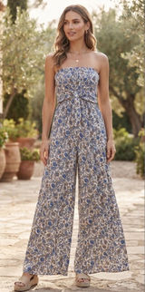 Patrons of Peace | Women's Blue Paisley Smocked Strapless Wide‎ Leg Jumpsuit, XS Photo 0