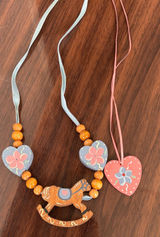 Hand Painted Wooden Rocking‎ Horse Heart Necklaces Country Folk Art Cottagecore Photo 0