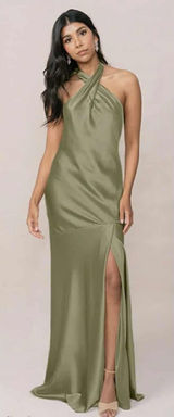 Revelry Olive Green Satin Halter Neck Maxi Dress Open Back Formal Gown Slit Photo 0