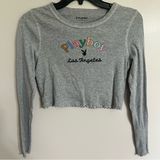 Playboy by PacSun Women's Medium Gray‎ Crop Top Long Sleeve Lettuce Hem Photo 0