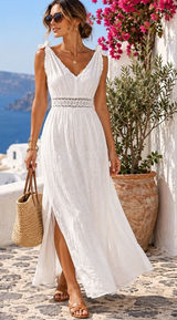 Terzo Millennio 100% Linen Maxi Dress Womens S Made in Italy Crochet Boho White Photo 0