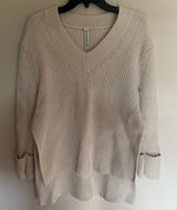 Athleta Ribbed V-Neck Sweater Cream Oatmeal High Low Side Slit Size Small Photo 0