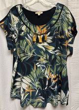 With Love Women's Tropical Leaf Green Yellow‎ Brown Tassel Necklace Blouse SZ L Photo 0