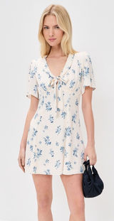 Reformation Tyra Mini Dress Floral Modest Blue Cream Girly Feminine Dress Sz 2 Photo 0
