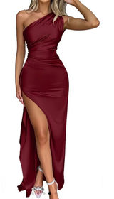 NWT OYS Size Small Red Burgundy Maroon One Shoulder Satin Ruched Bodycon Maxi Photo 0