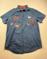 Bobbie Brooks Womens Denim Heart Embroidered Short Sleeve Button Down Shirt Photo 0