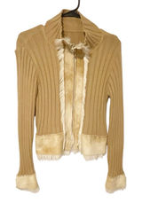 Vintage Y2K Women’s Size Medium Faux Fur Tan Brown Ribbed Knit Full‎ Zip Jacket Photo 0